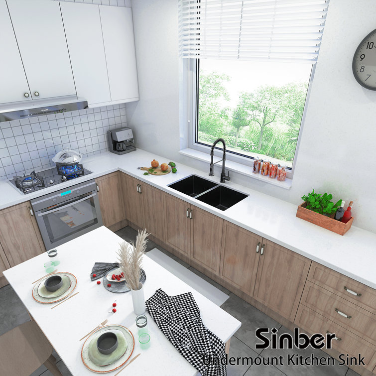 Sinber 32" Black Stainless Steel Double Bowl Drop-in Kitchen Sink