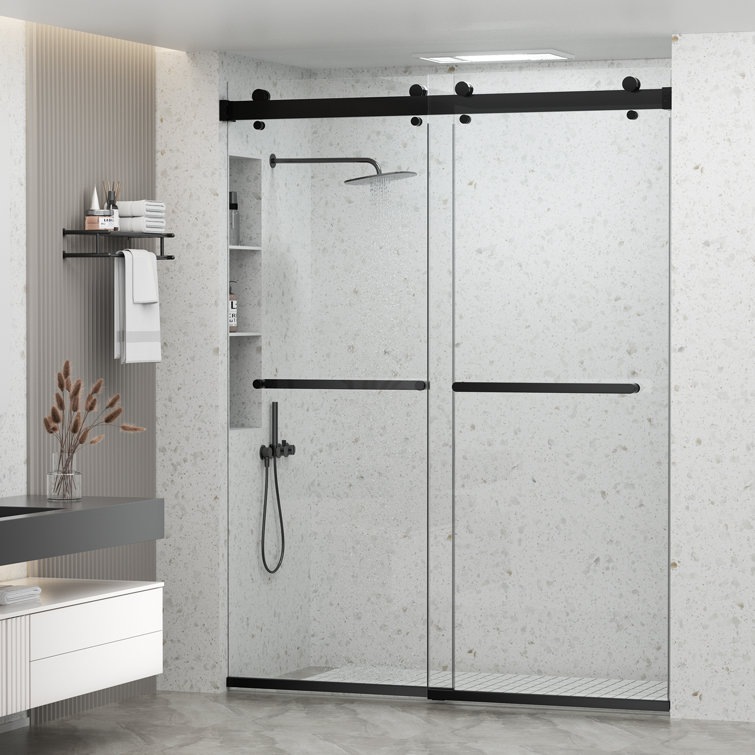 Oceanus 59" Matte Black Frameless Sliding Shower Door with Clear Glass