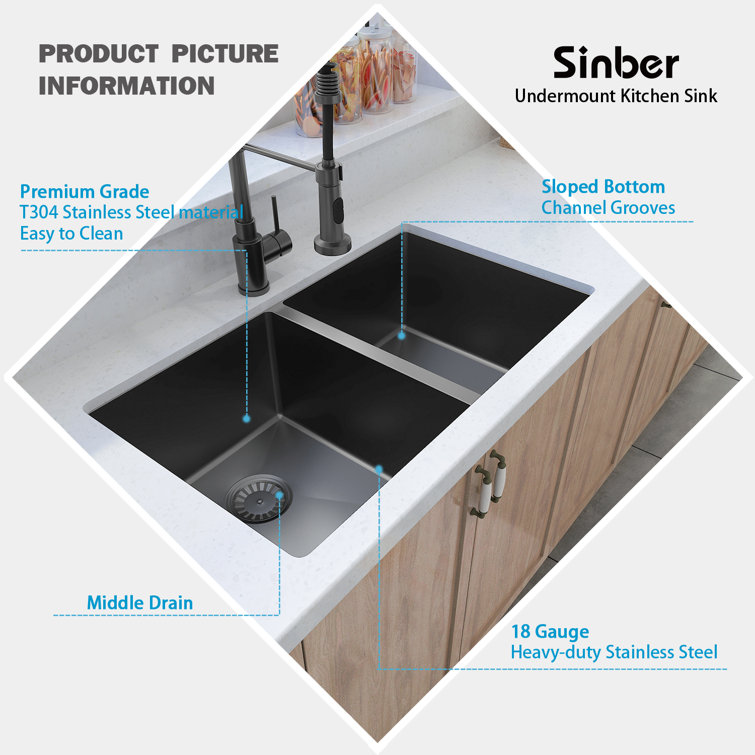 Sinber 32" Black Stainless Steel Double Bowl Drop-in Kitchen Sink