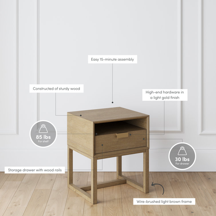 Luke Light Brown Wood Nightstand with Drawer and Open Cubby