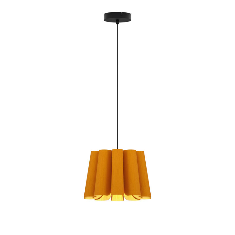 Ocher Recycled Wood Veneer Drum Pendant Light with Black Cord
