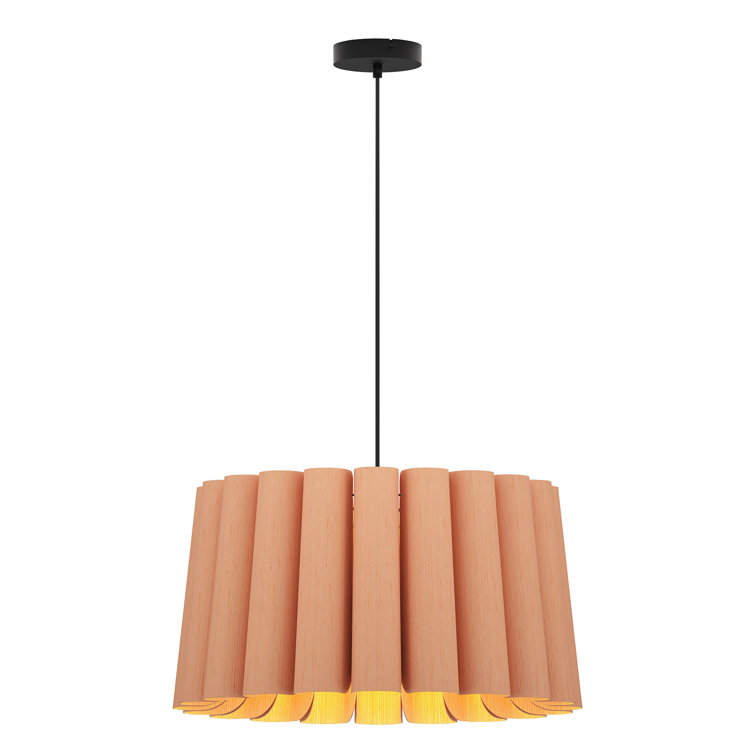 Rose Wood Veneer Drum Pendant Light with Black Cord