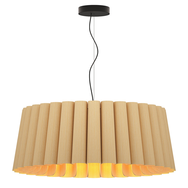 Ash Wood Veneer Drum Pendant Light with Black Cord