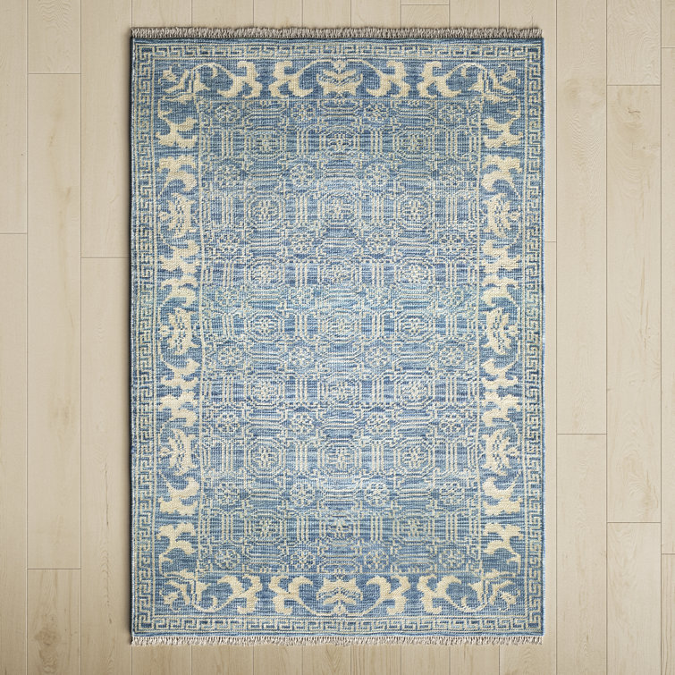 Addie Denim/Cream Geometric Hand-Knotted Wool Area Rug 8'6" x 11'6"