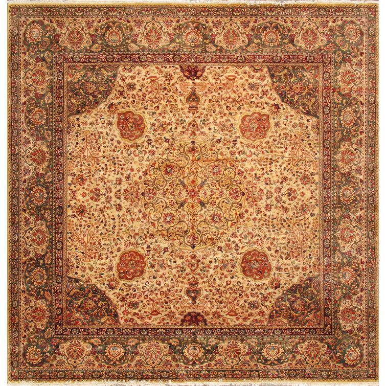 Handmade Beige Floral Wool Square Rug 10' x 10'4"