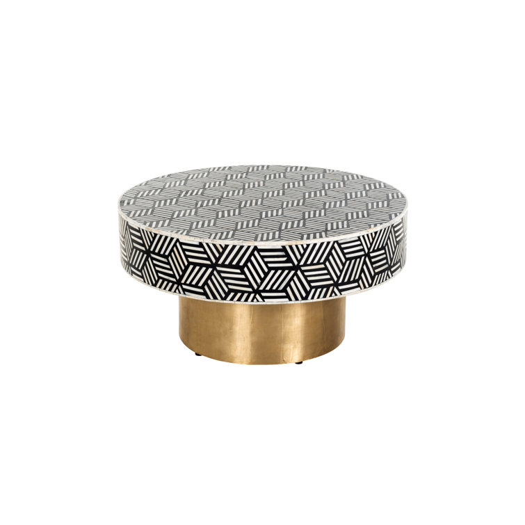 Black and White Geometric Round Coffee Table with Gold Pedestal Base