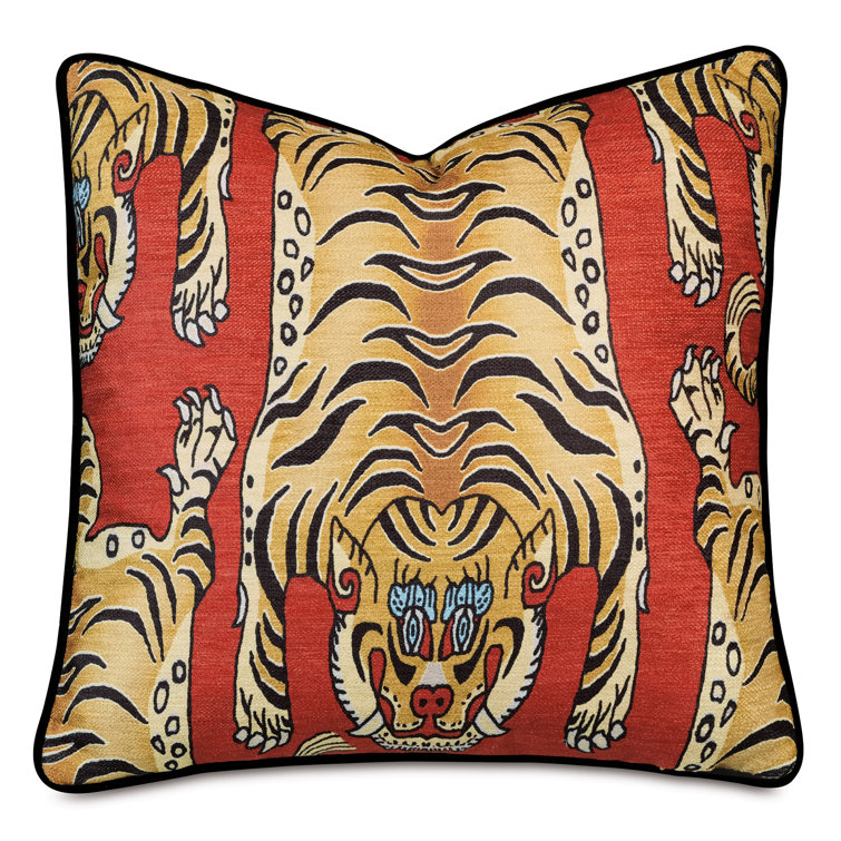 Red Polyester Square Throw Pillow with Tiger Design