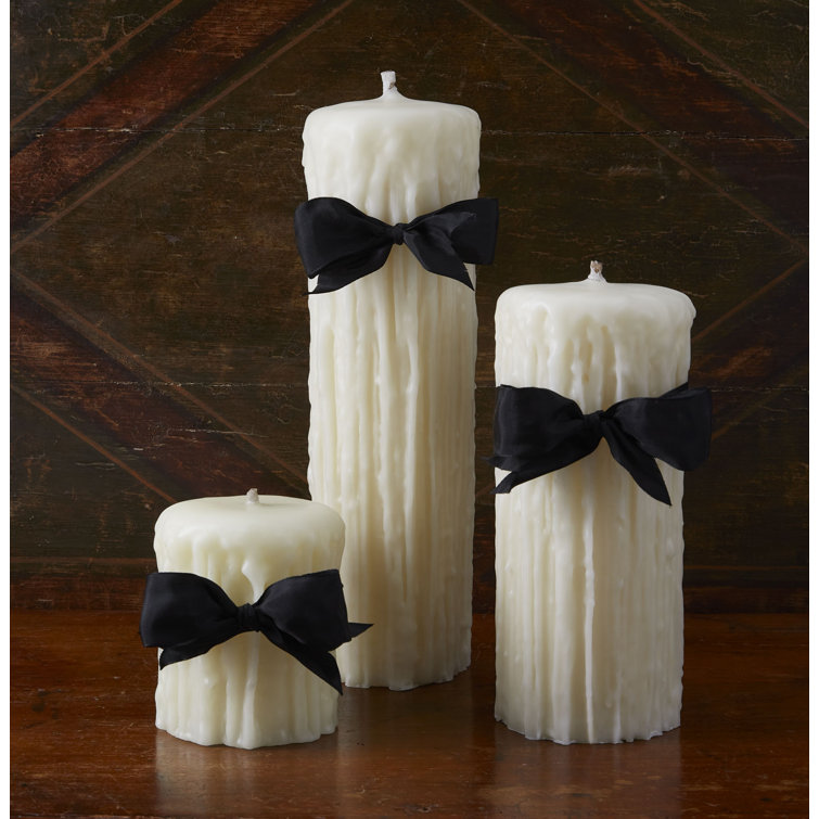 Ivory Beeswax Pillar Candle with Black Ribbon, 15 Inches High