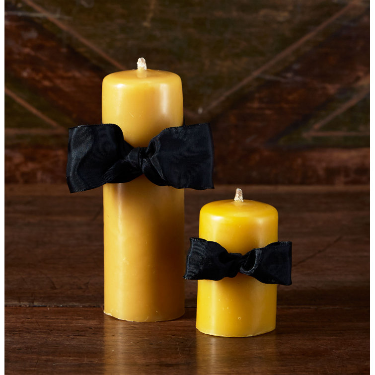 Gold Beeswax Pillar Candle with Black Bow, 3 Inches High
