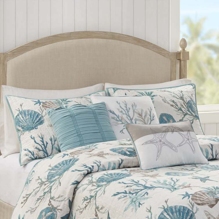 Aqua Blue Cotton Reversible Coastal Quilt Set, Full