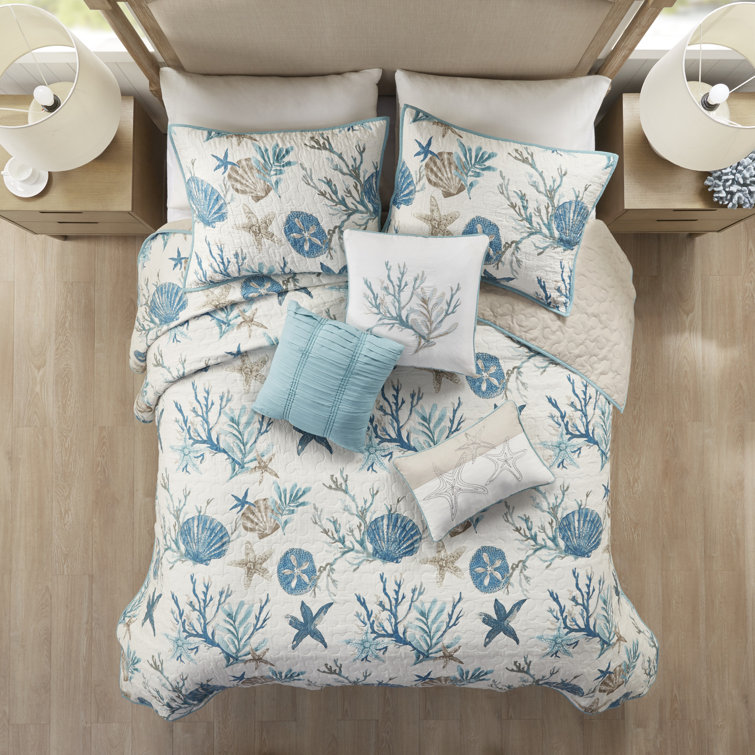 King Aqua Cotton Reversible Coastal Quilt Set