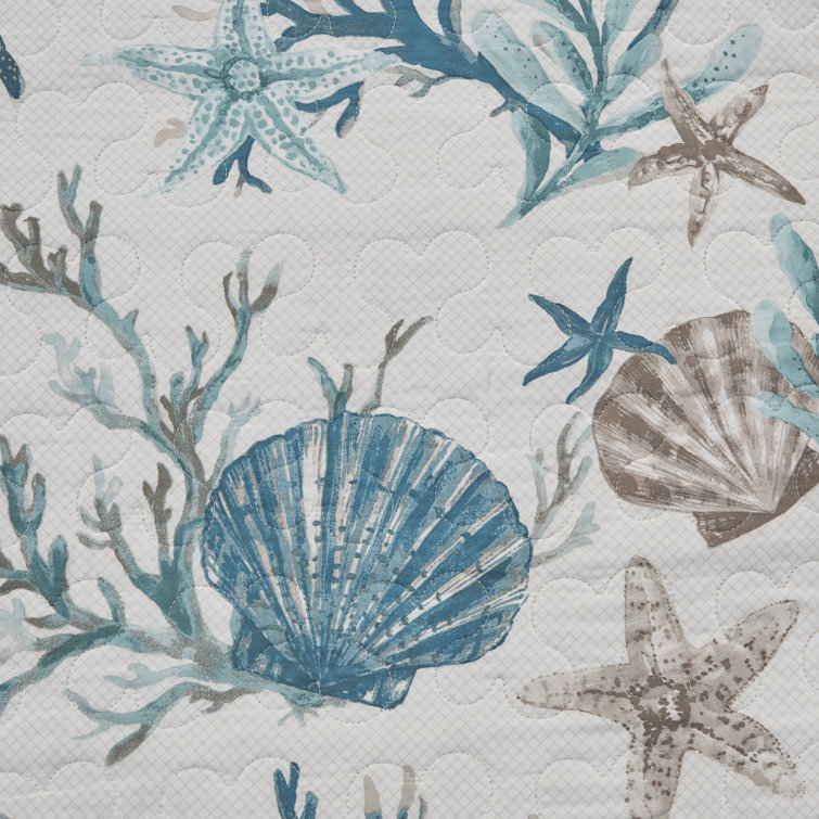 Aqua Blue Cotton Reversible Coastal Quilt Set, Full