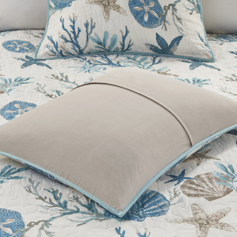 Aqua Blue Cotton Reversible Coastal Quilt Set, Full