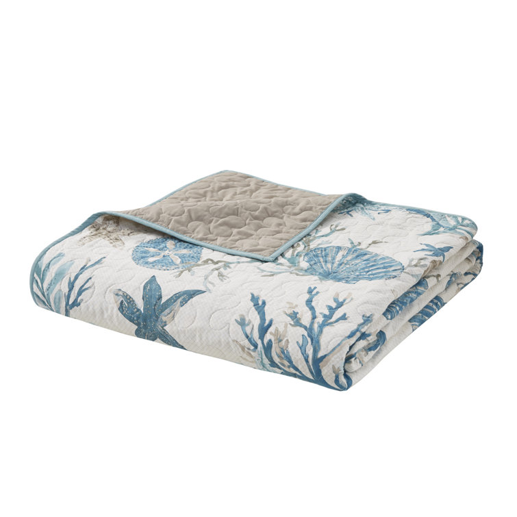 King Aqua Cotton Reversible Coastal Quilt Set