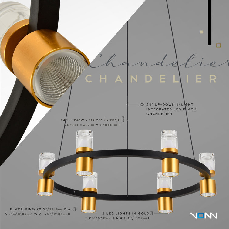 Black and Gold Adjustable LED Ring Chandelier with Crystal Shades