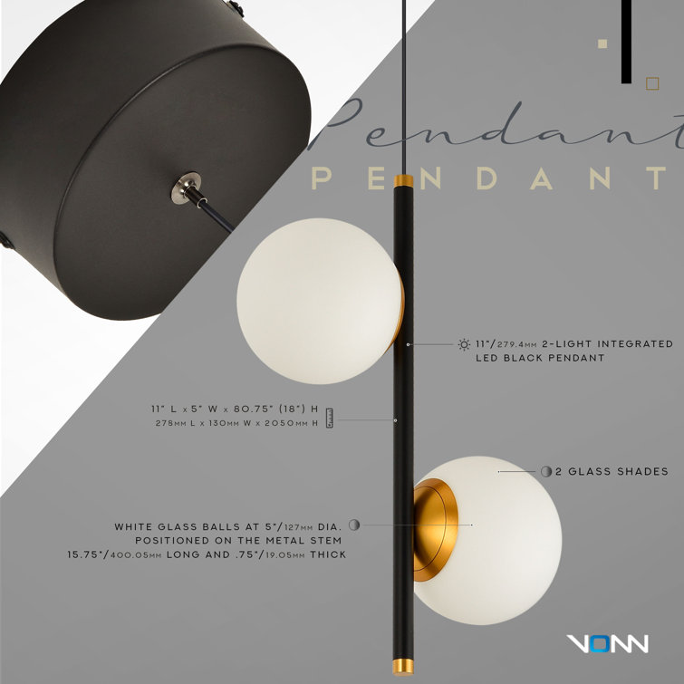 Capri Adjustable Height 11" Black and Gold LED Pendant with Glass Globes