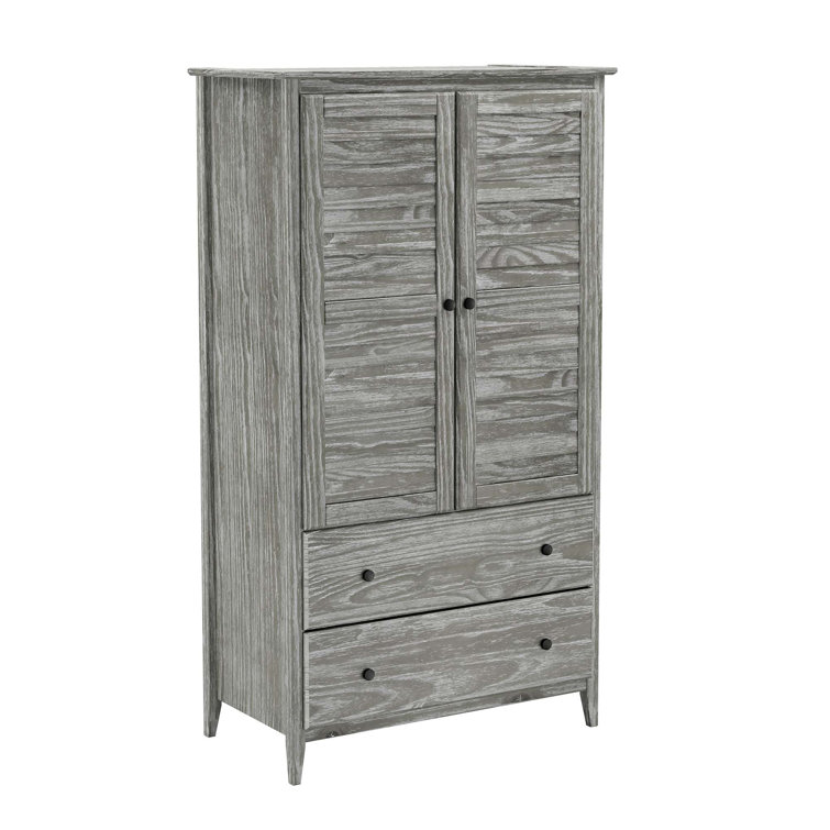 Brushed Grey Coastal Solid Pine Wood Armoire with Louvered Doors