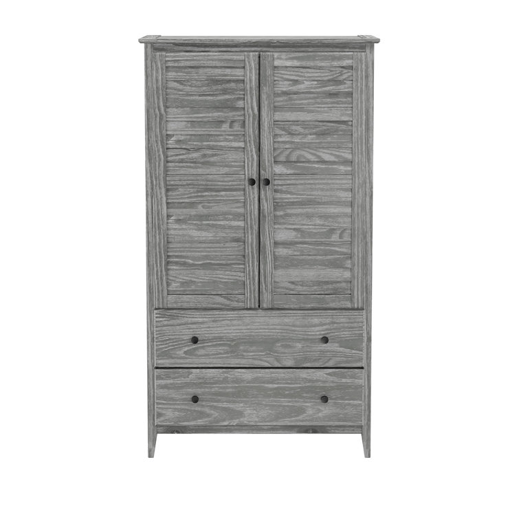 Brushed Grey Coastal Solid Pine Wood Armoire with Louvered Doors