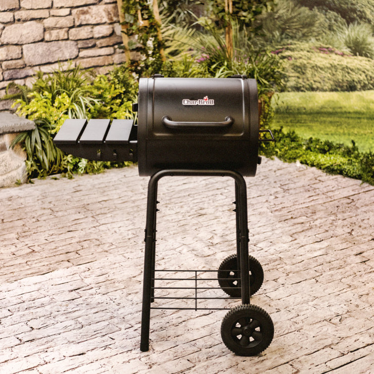 Black Compact Charcoal Grill with Side Shelf and Wheels
