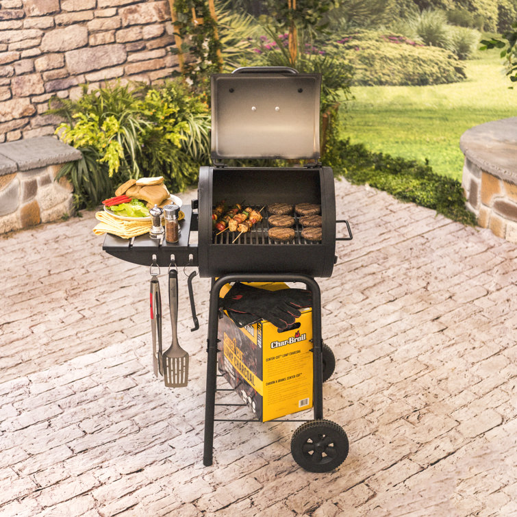 Black Compact Charcoal Grill with Side Shelf and Wheels