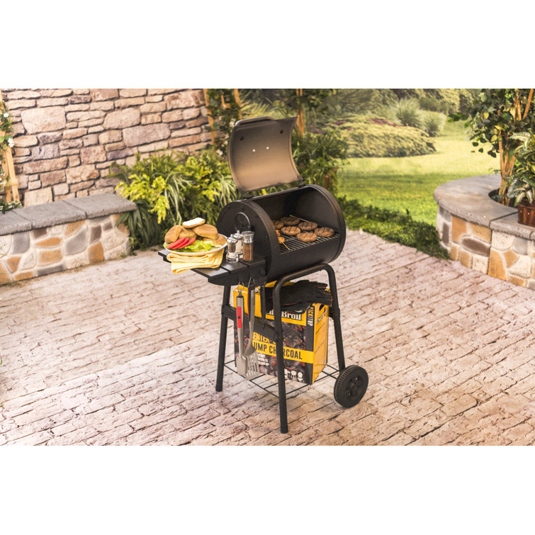Black Compact Charcoal Grill with Side Shelf and Wheels