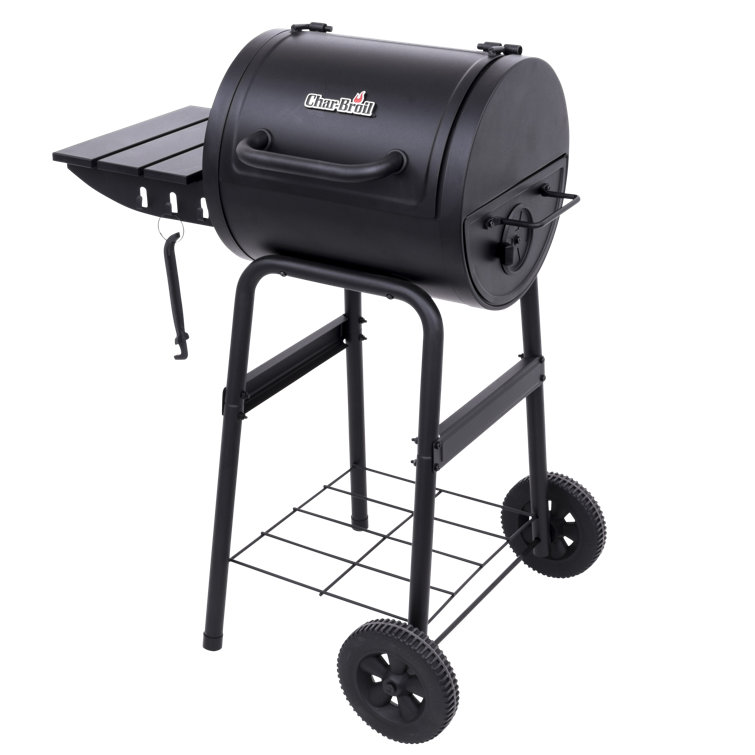 Black Compact Charcoal Grill with Side Shelf and Wheels
