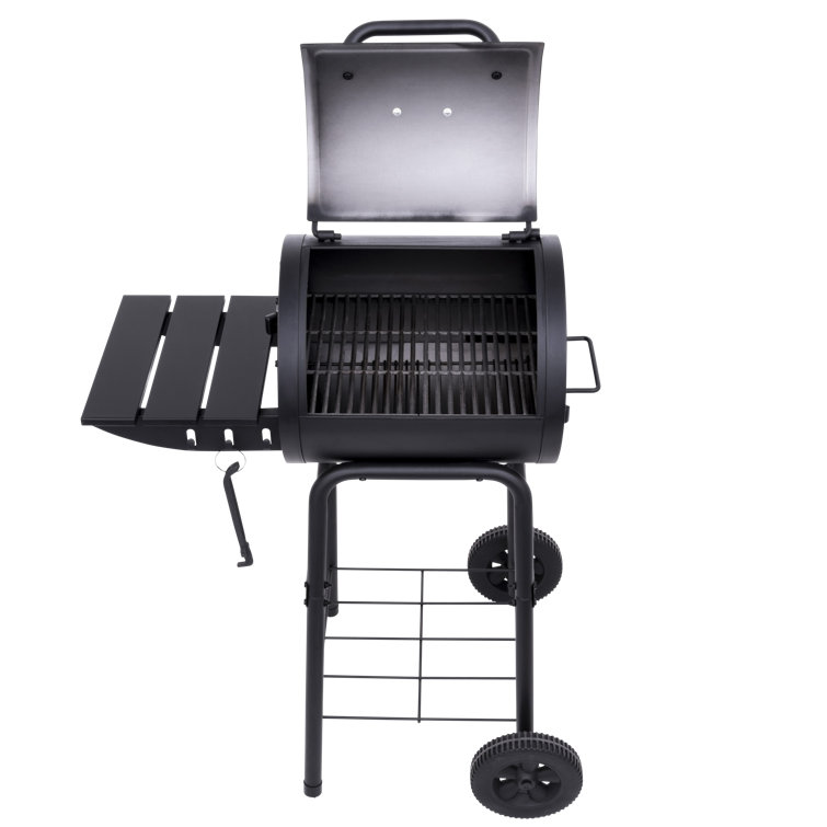 Black Compact Charcoal Grill with Side Shelf and Wheels