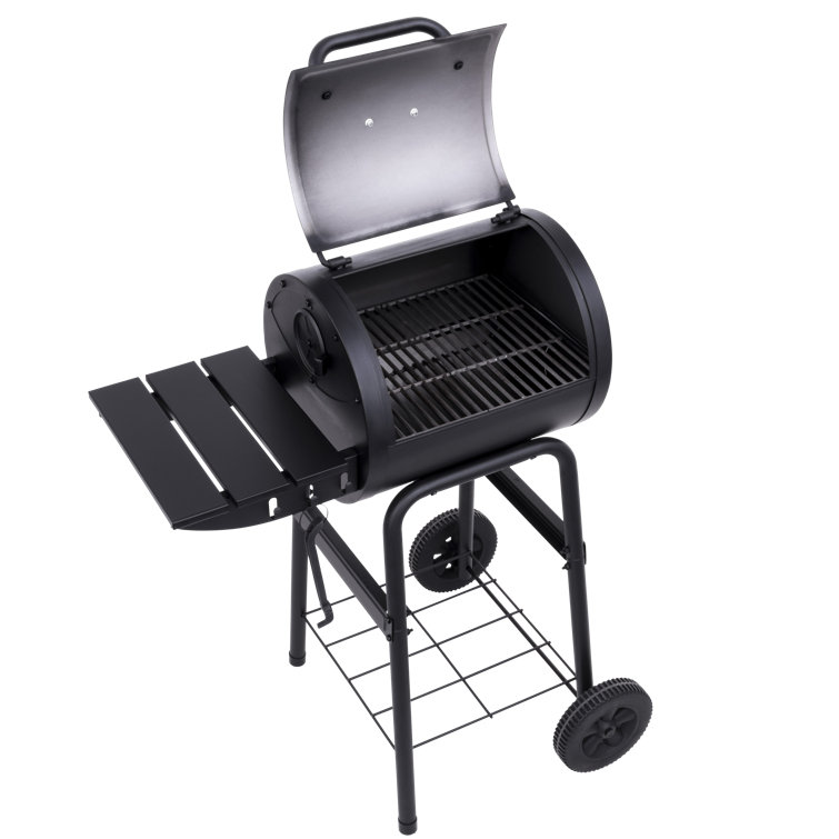 Black Compact Charcoal Grill with Side Shelf and Wheels
