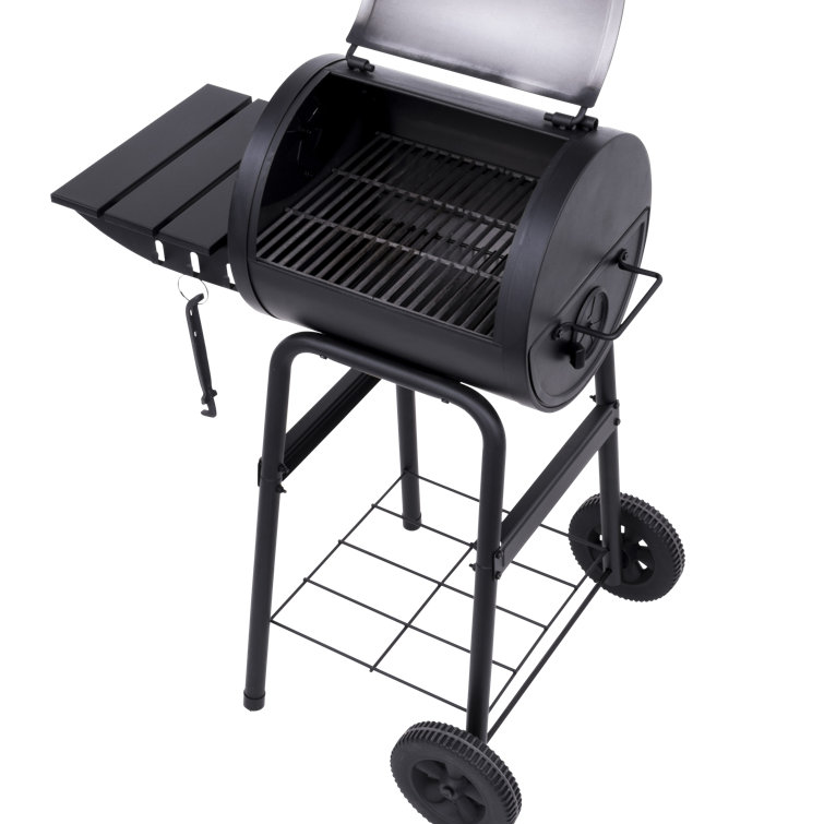 Black Compact Charcoal Grill with Side Shelf and Wheels