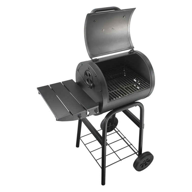 Black Compact Charcoal Grill with Side Shelf and Wheels