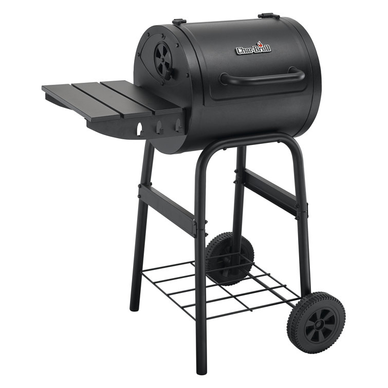 Black Compact Charcoal Grill with Side Shelf and Wheels