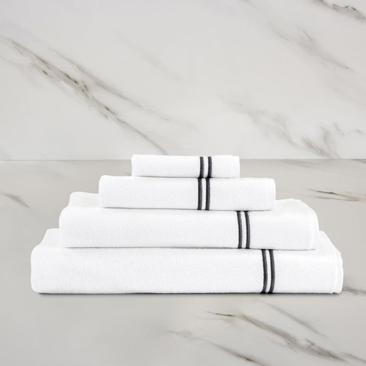 Classic White and Grey Cotton Terry Bath Towel with Embroidered Border