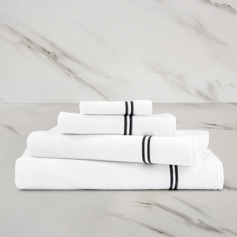 Classic White and Grey Cotton Terry Bath Towel with Embroidered Border