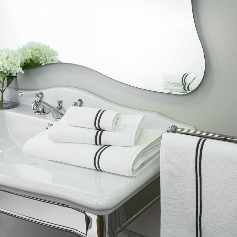 Classic White and Grey Cotton Terry Bath Towel with Embroidered Border