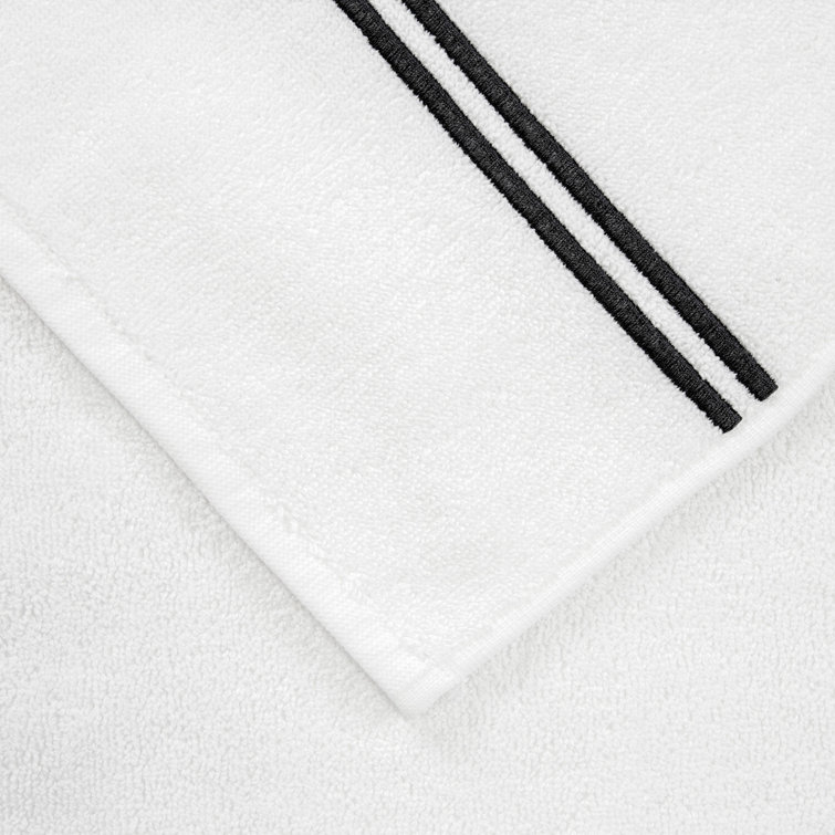 Classic White and Grey Cotton Terry Bath Towel with Embroidered Border