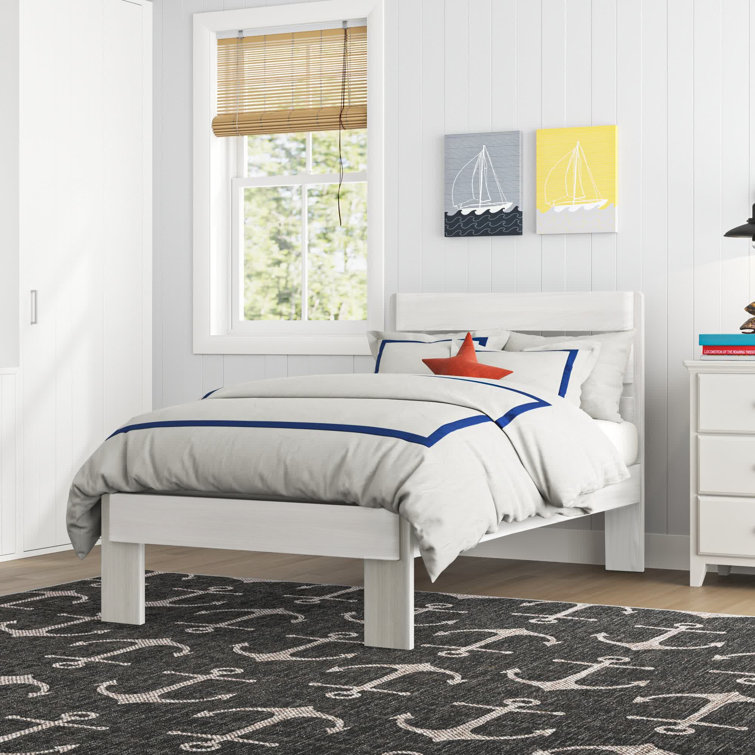 White Wash Twin Pine Platform Bed with Plank Headboard