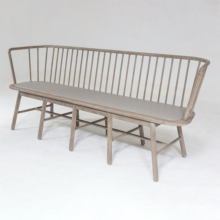 Beige Genuine Leather Beechwood Spindle Long Bench