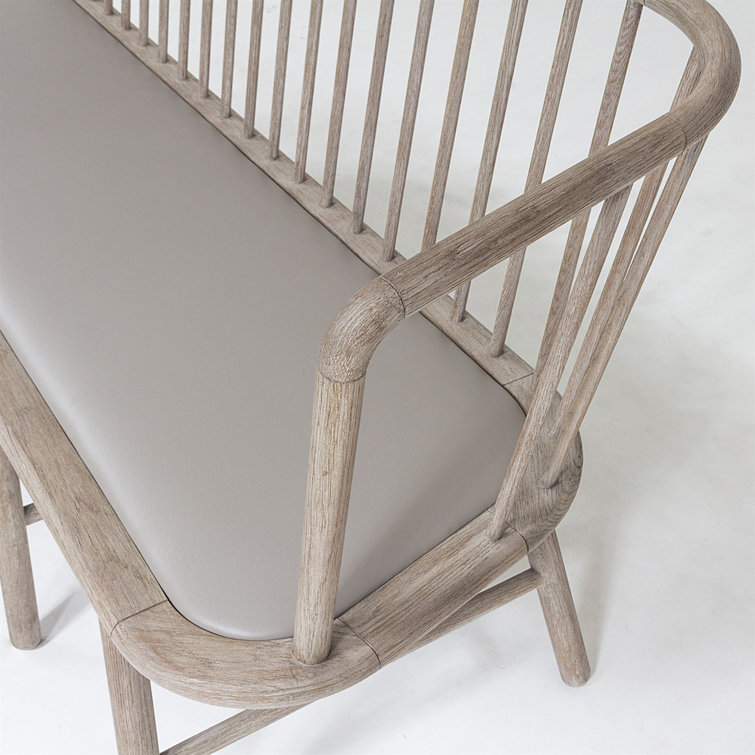 Beige Genuine Leather Beechwood Spindle Long Bench