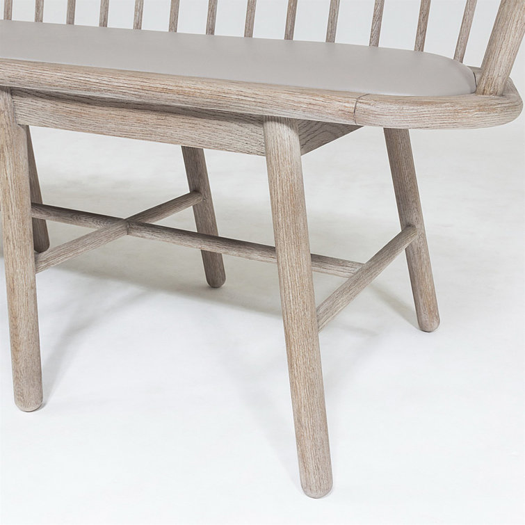 Beige Genuine Leather Beechwood Spindle Long Bench