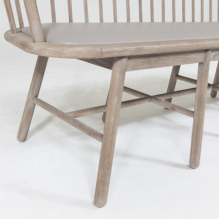 Beige Genuine Leather Beechwood Spindle Long Bench