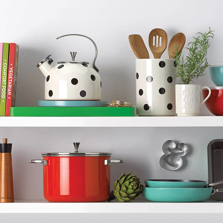 White Ceramic Polka Dot Utensil Crock with Wooden Tools