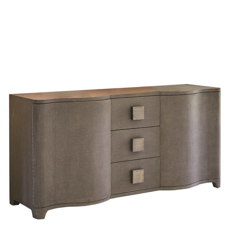 Gray Linen and Oak 66" Credenza with Antique Nickel Hardware