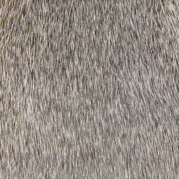Round Gray Hair-on-Hide Ottoman with Nickel Trim