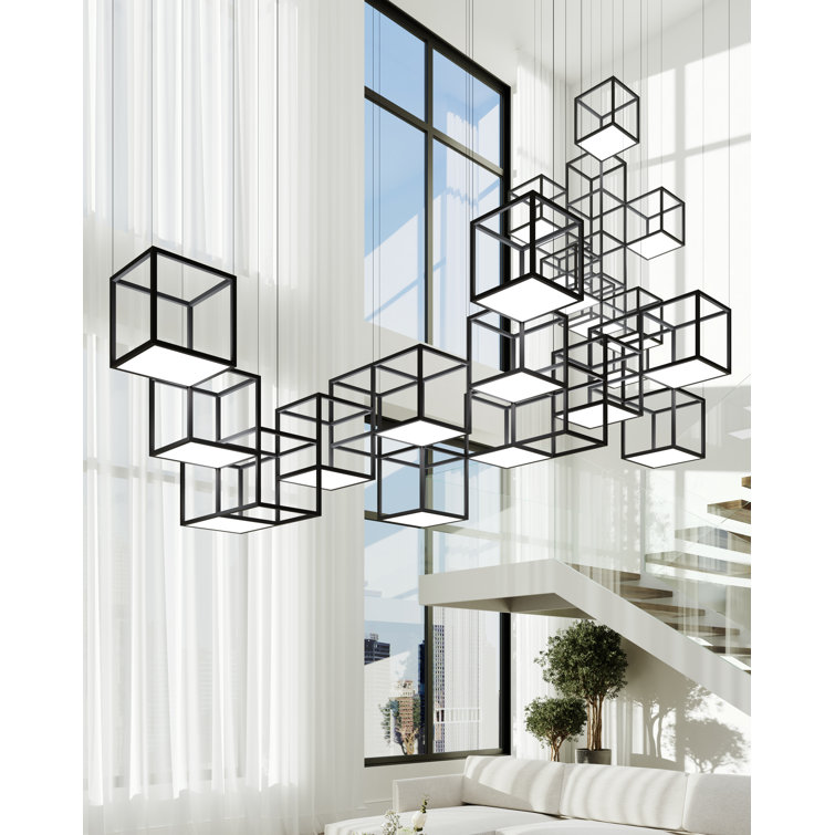 Cubix Sculptural LED Black Aluminum Rectangle Chandelier, 36.5"