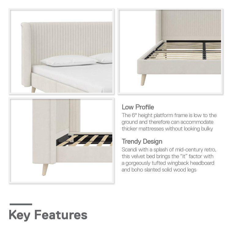 Holly Queen Ivory Velvet Wingback Upholstered Bed