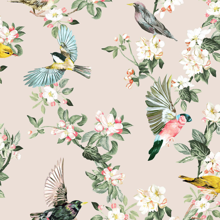 Hand-Painted Garden Birds Floral Wallpaper in Warm Oaty Brown