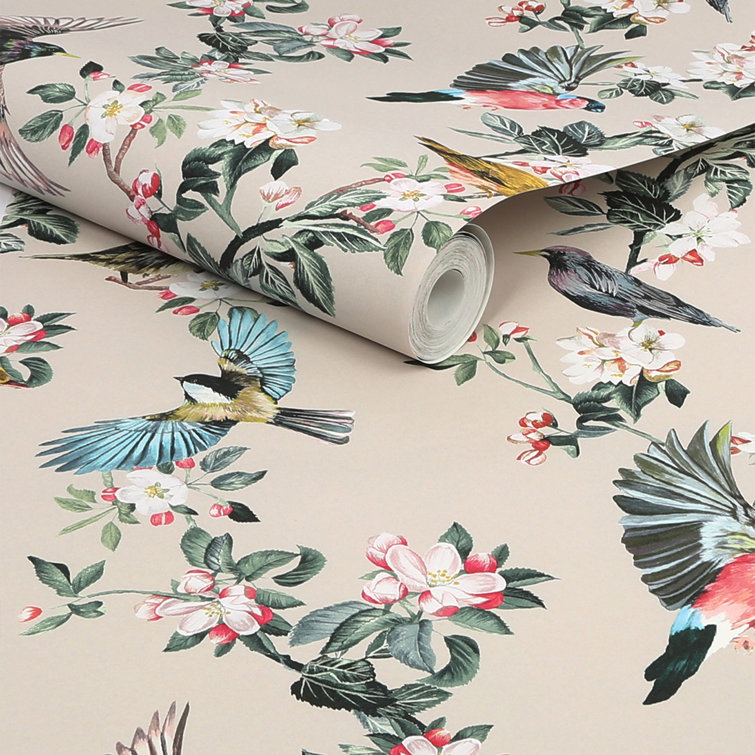 Hand-Painted Garden Birds Floral Wallpaper in Warm Oaty Brown