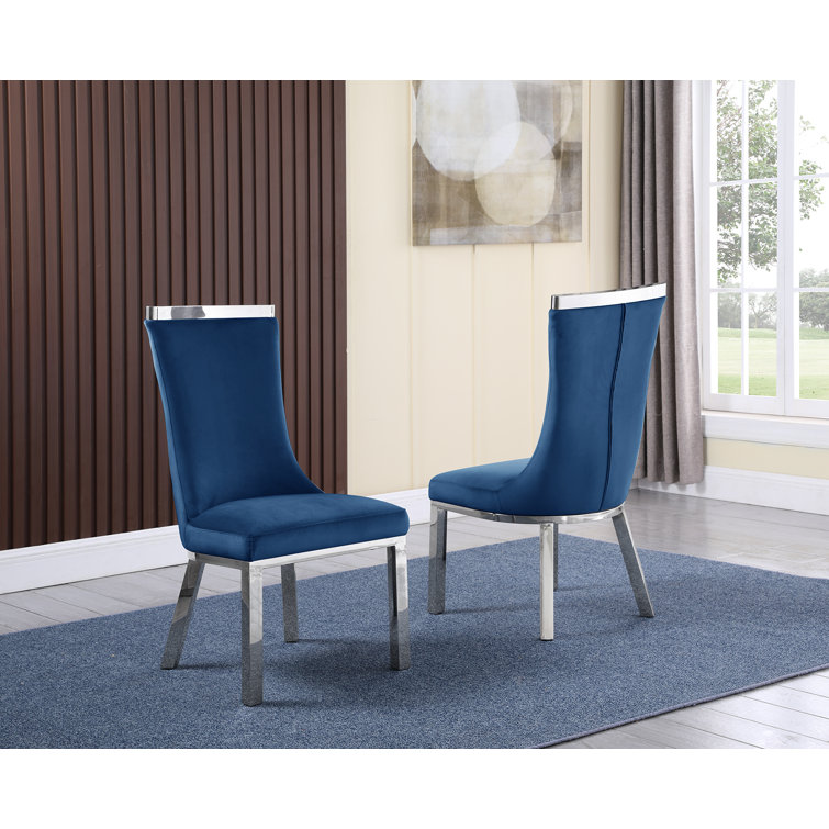 Navy Blue Velvet Upholstered Parsons Side Chair with Metal Legs