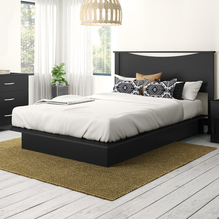 Pure Black Queen Platform Bed with Upholstered Headboard and Storage Drawers