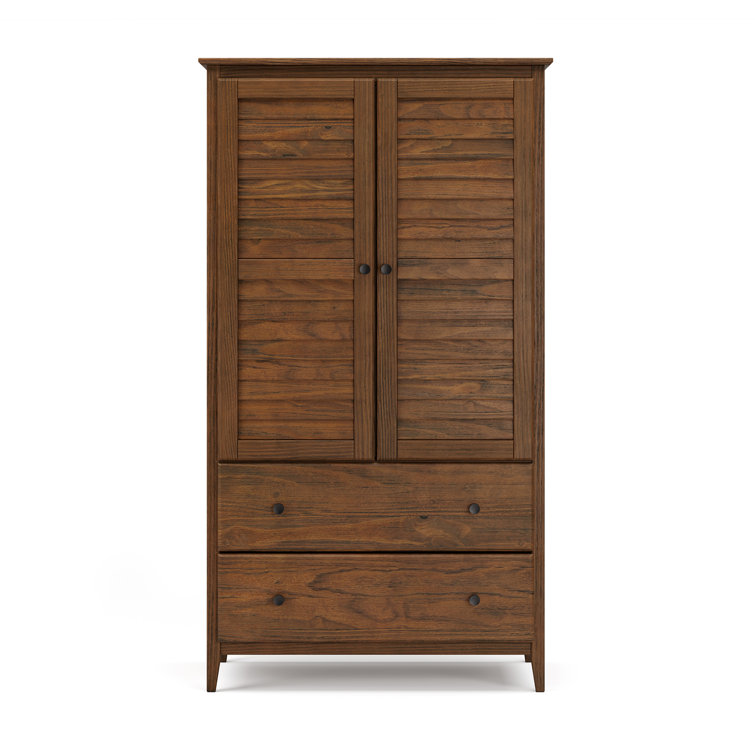 Brushed Walnut Coastal Solid Wood Armoire with Louvered Doors